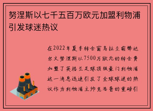 努涅斯以七千五百万欧元加盟利物浦引发球迷热议