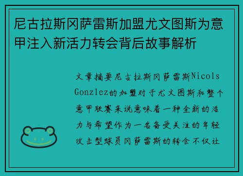 尼古拉斯冈萨雷斯加盟尤文图斯为意甲注入新活力转会背后故事解析 尼古拉斯冈萨雷斯加盟尤文图斯为意甲注入新活力转会背后故事解析